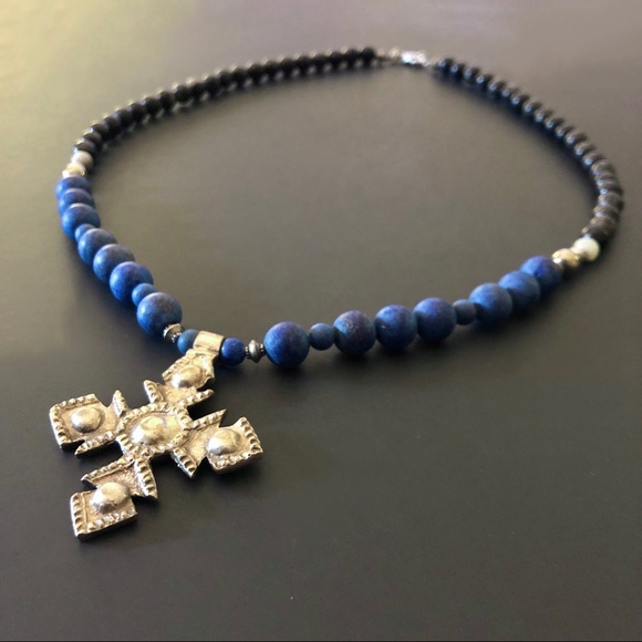 Lapiz & Jasper Necklace w/ Ethiopian Coptic Cross - Picture 3 of 5